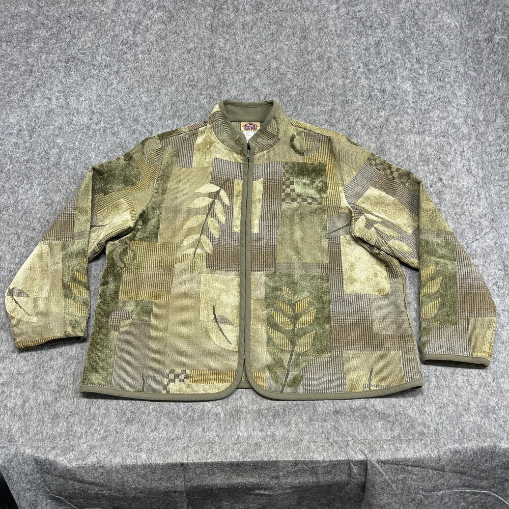 Barn Fly Jacket Womens 2X Green Geometric Leaf Zip Tapestry Collared Vintage